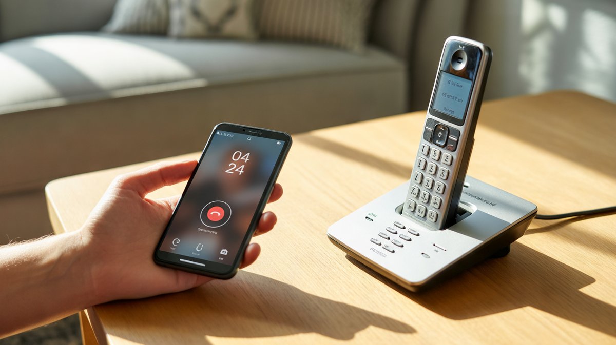 Smartphone rejetant un appel en 04 24 à côté d'un téléphone fixe sans fil