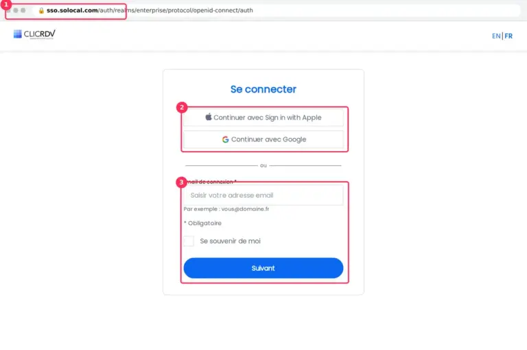 Écran de connexion ClicRDV pro sur sso.solocal.com avec boutons Apple, Google et e-mail