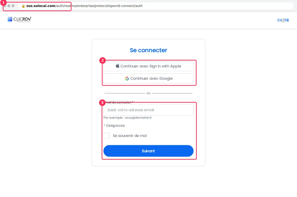Écran de connexion ClicRDV pro sur sso.solocal.com avec boutons Apple, Google et e-mail