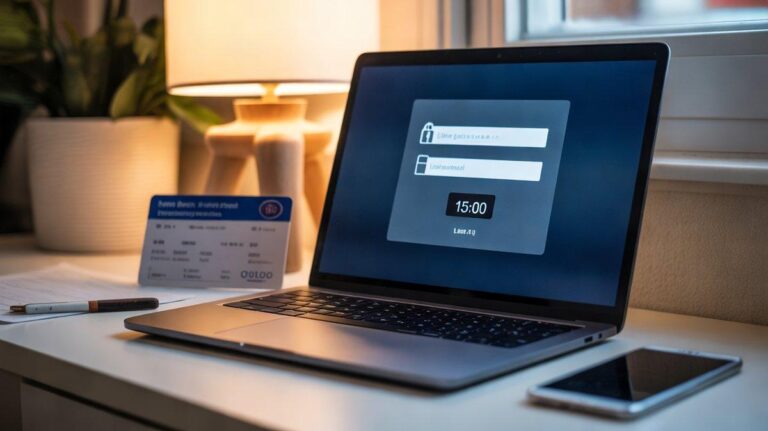 Ordinateur portable affichant un écran de connexion verrouillé et un compte à rebours de 15 minutes