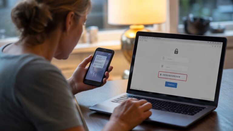 Personne vue de dos devant un écran de connexion refusée, smartphone en main attendant un code
