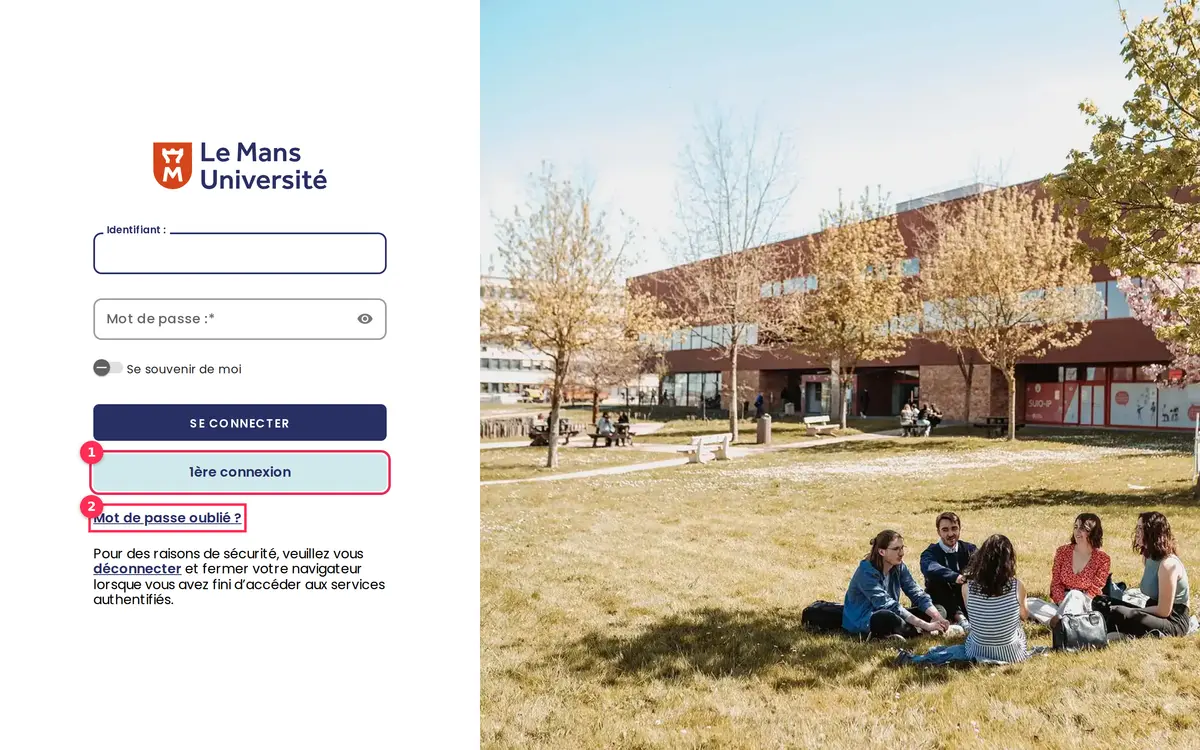 Page de connexion CAS de Le Mans Université avec liens première connexion et mot de passe oublié