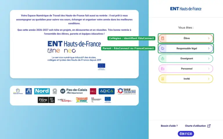 Écran de choix du profil sur enthdf.fr pour l’ENT NEO des collèges de l’Aisne