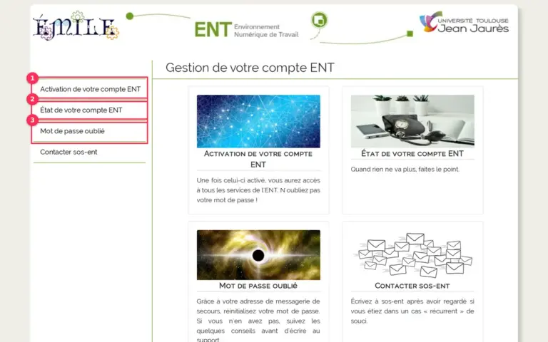 Page d’accueil Émile de l’UT2J avec activation, diagnostic et mot de passe oublié