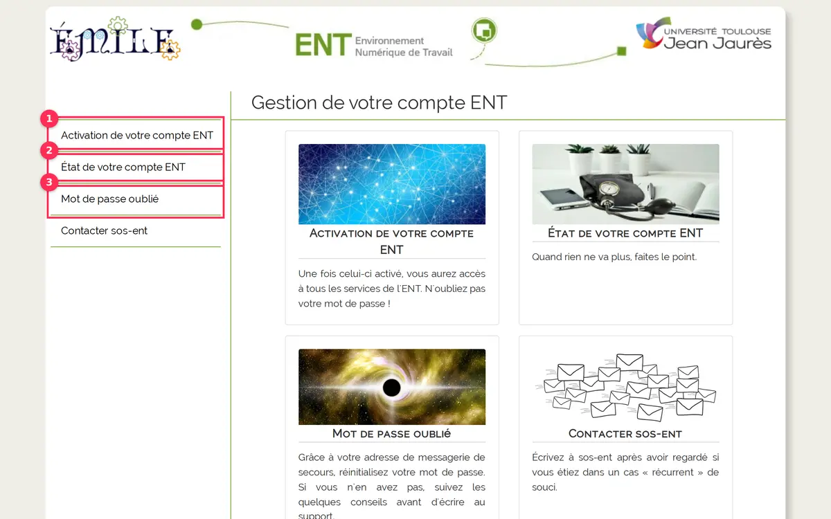 Page d’accueil Émile de l’UT2J avec activation, diagnostic et mot de passe oublié