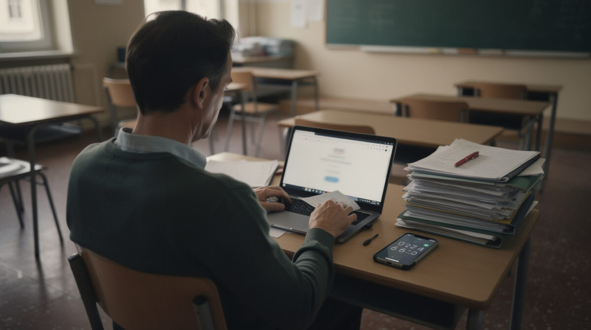 Enseignant connecté depuis sa salle de classe, code de validation affiché sur son téléphone