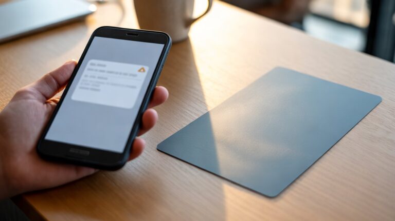 Main tenant un smartphone affichant une alerte d'erreur floue, à côté d'une carte vierge