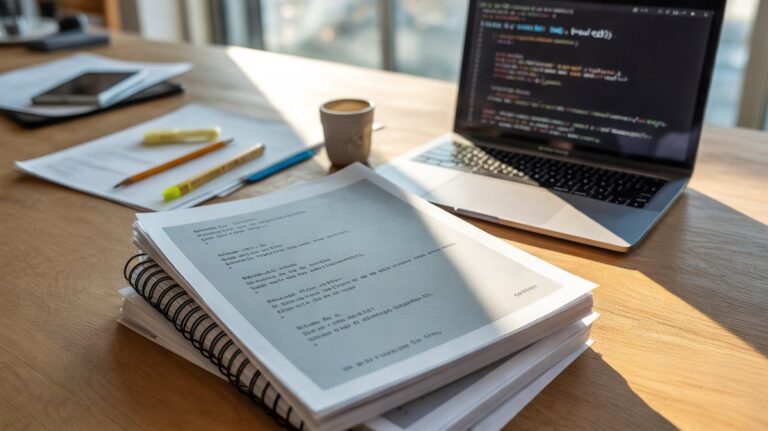 Cours de programmation Python imprimé et relié à côté d'un ordinateur portable affichant du code