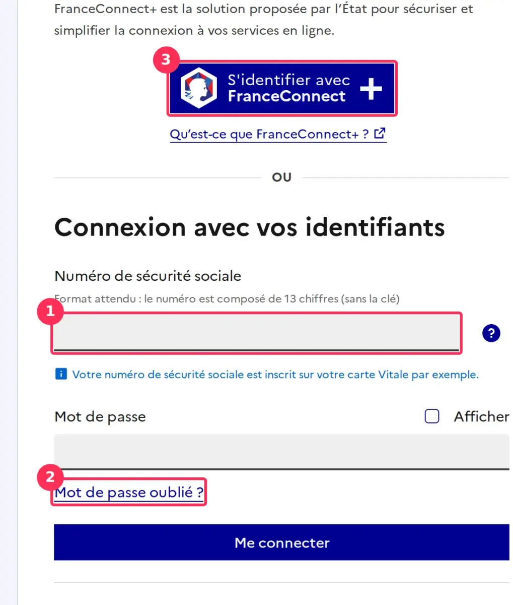 Page de connexion Mon Compte Formation avec champ numéro de Sécurité sociale et FranceConnect