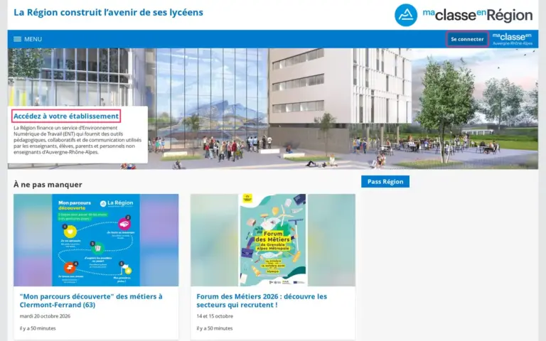 Page d'accueil du portail Ma classe en Auvergne-Rhône-Alpes avec bouton Se connecter