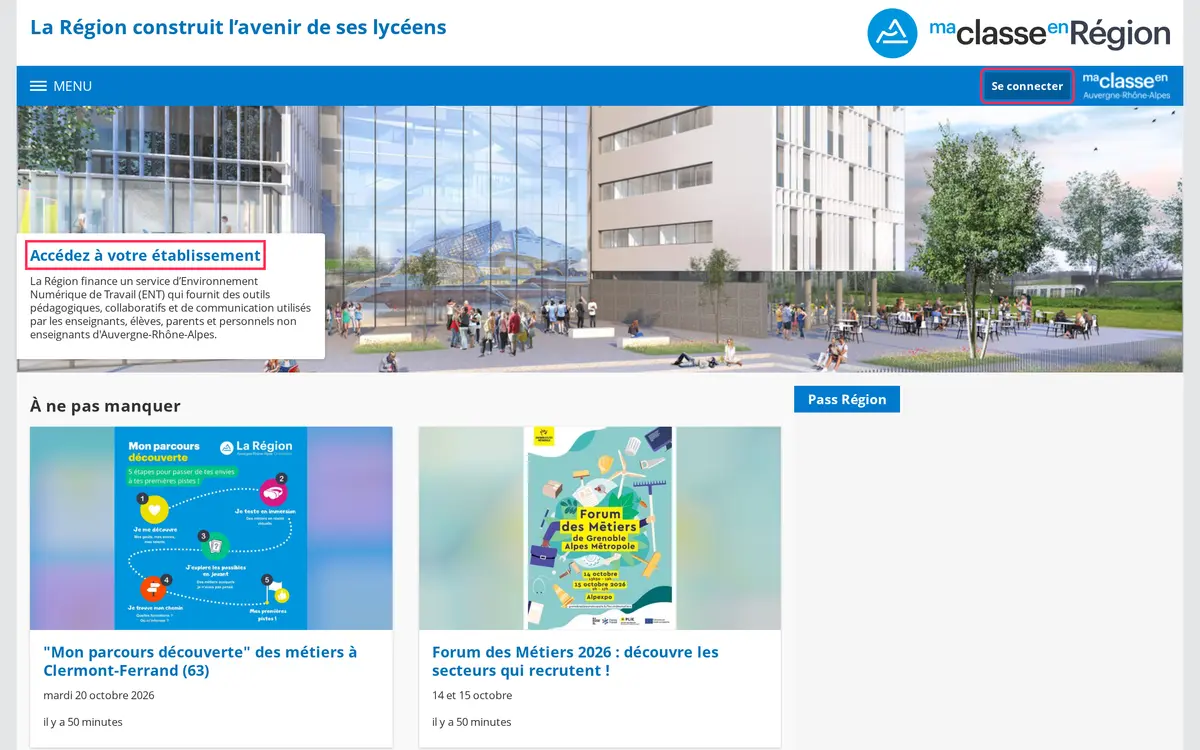 Page d'accueil du portail Ma classe en Auvergne-Rhône-Alpes avec bouton Se connecter