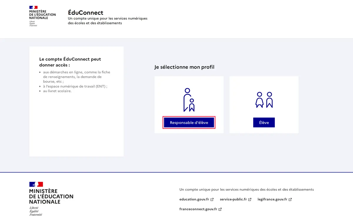 Écran EduConnect de choix du profil responsable d'élève ou élève