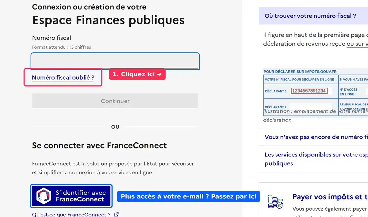 Page de connexion impots.gouv.fr avec le lien Numéro fiscal oublié entouré