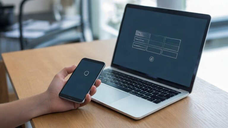 Smartphone sans notification devant un ordinateur flou affichant un champ de code à six cases