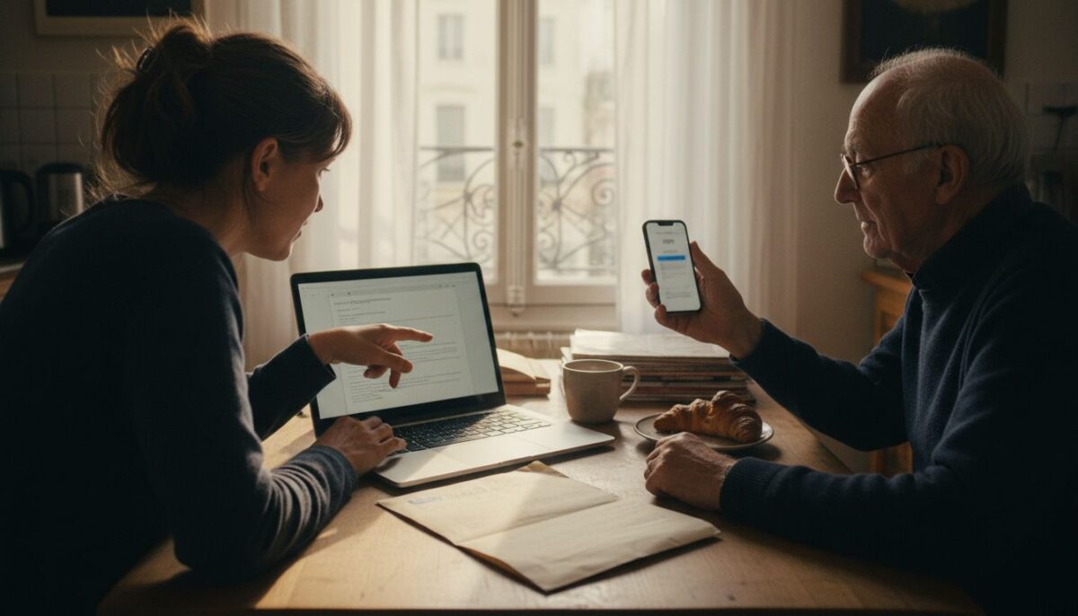 Une femme aide un homme âgé à se connecter, code SMS en main