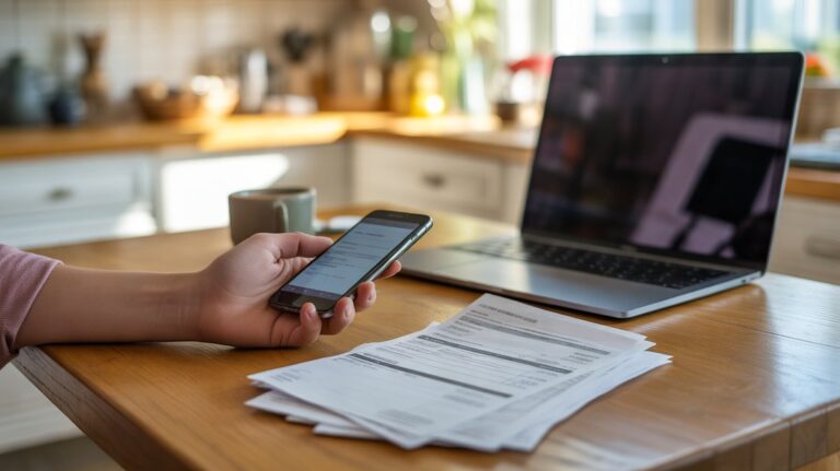 Main tenant un smartphone près d'une pile de factures d'énergie papier sur une table