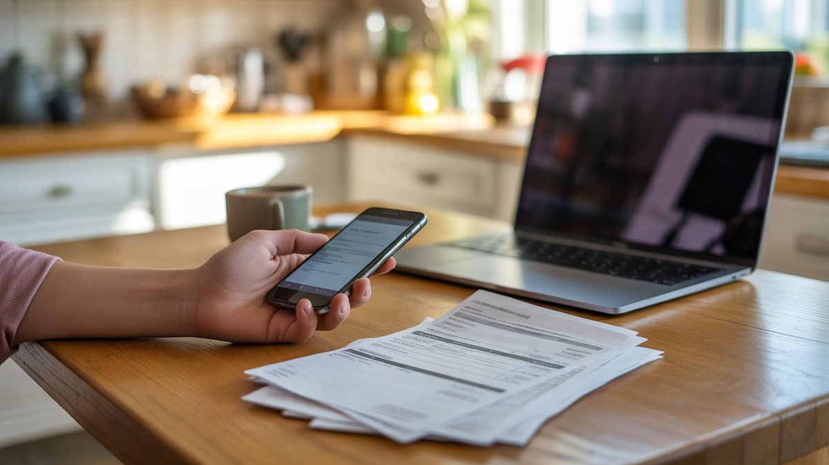 Main tenant un smartphone près d'une pile de factures d'énergie papier sur une table