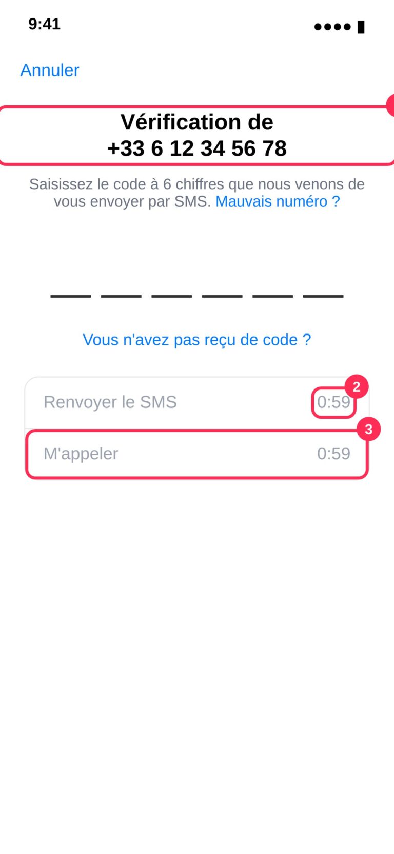 Écran de vérification WhatsApp sur iPhone avec code à 6 chiffres et options de renvoi