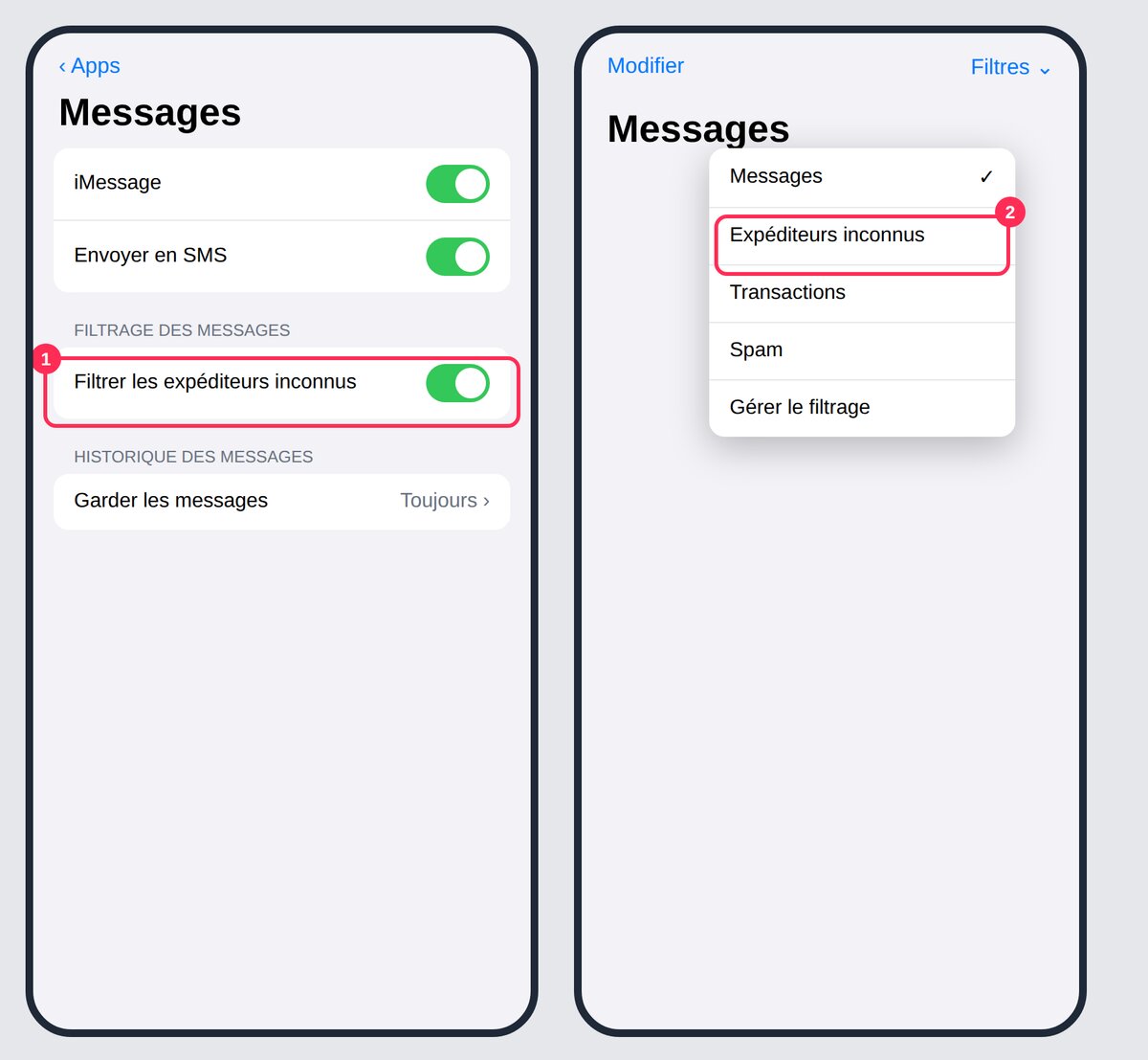 Réglages iOS 26 Messages avec filtre des expéditeurs inconnus et menu Filtres